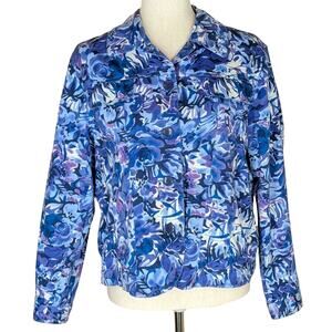 Coldwater Creek Jacket Womens Petite Large Purple Blue White Floral 100% Cotton
